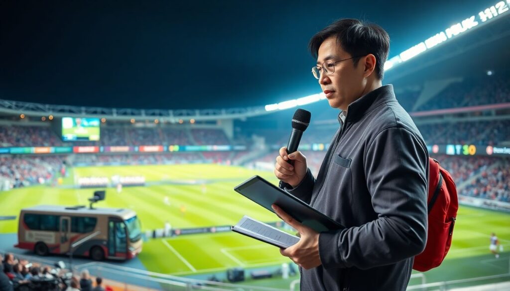 Лайв-обзоры 기자ов и репортажей во время матча - иллюстрация