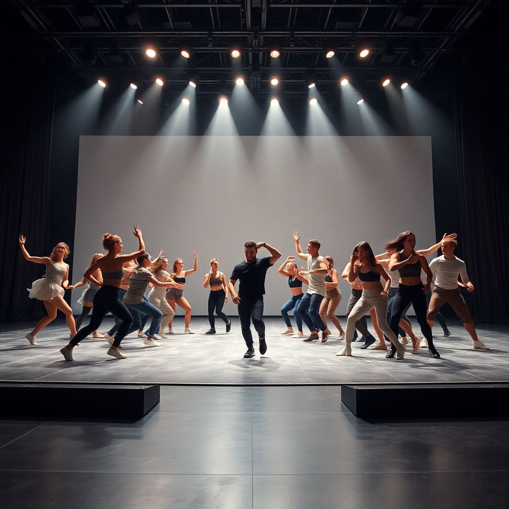 Динамика командной хореографии во время смены темпа на сцене и в тренировках